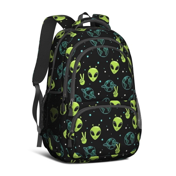 Alien Peace Sign Black Pattern Cute School Backpack Bag with Padded Back and Adjustable Shoulder Straps 16.9 X 12.6 X 5.9 Inches