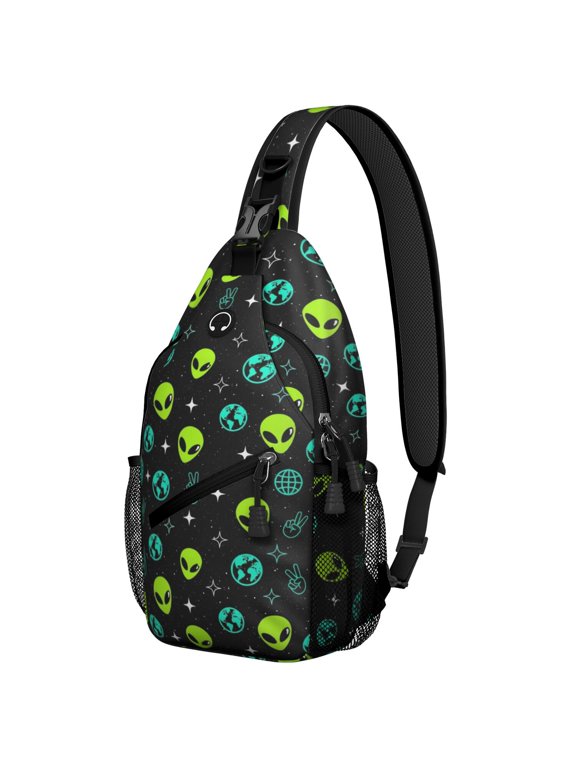 Alien Peace Sign Black Pattern Sling Backpack, Unisex Hiking Chest Pack with Side Mesh Pockets, Adjustable Ambidextrous Strap Gift Ideas for Hiking Cycling Walking