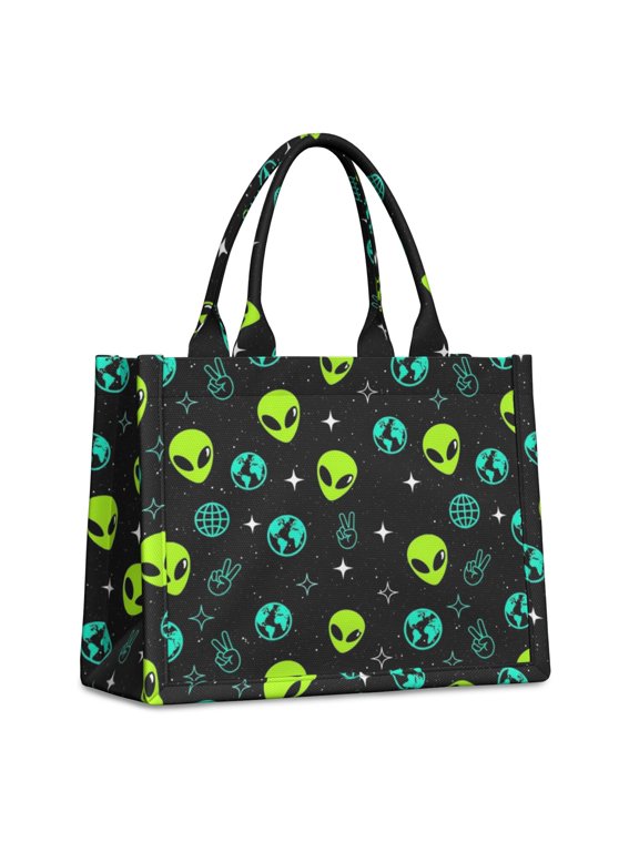 Alien Peace Sign Black Pattern Tote Bag, Shopping Handbag with Interior Pockets & Top Handle, Large Capacity Gifts for Birthday Christmas Thanksgiving,15.7 X 5.1 X 13 Inches
