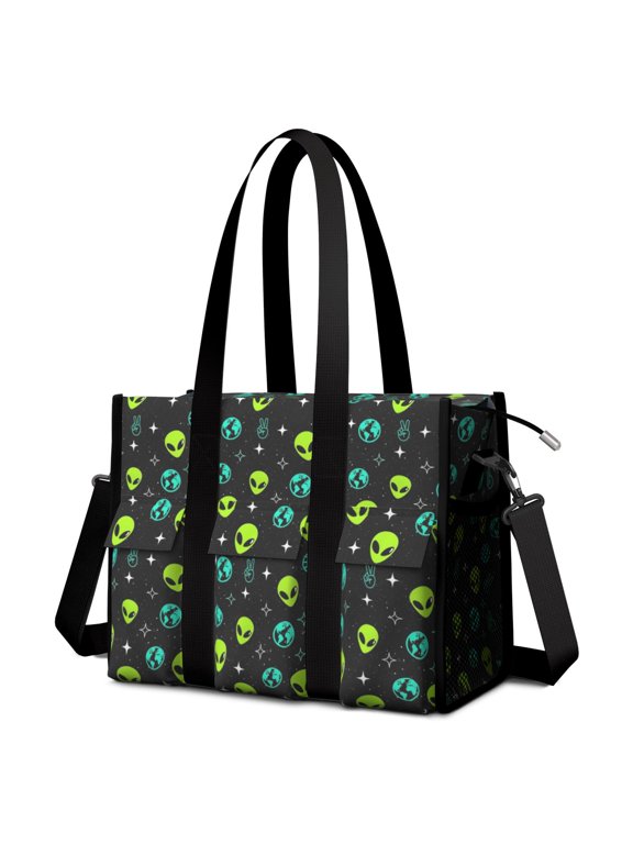 Alien Peace Sign Black Pattern Utility Tote Bag, Teacher Tote with Multi Pockets & Removable Strap, Stand Upright Gifts for Birthday Christmas Thanksgiving