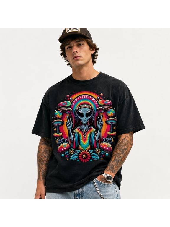 Alien Peace Sign Hippie Space Vibes Tie Dye Boho Graphic Phrase Suited To Casual Events And Everyday Wear T-Shirt, Size S-5XL