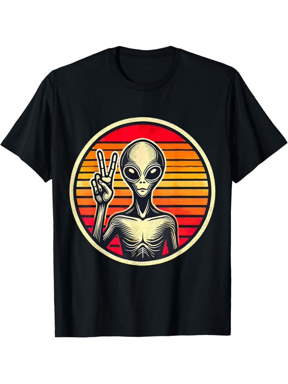 Alien Peace Sign Hippie Ufo Retro Graphic T-Shirt Size S-5XL