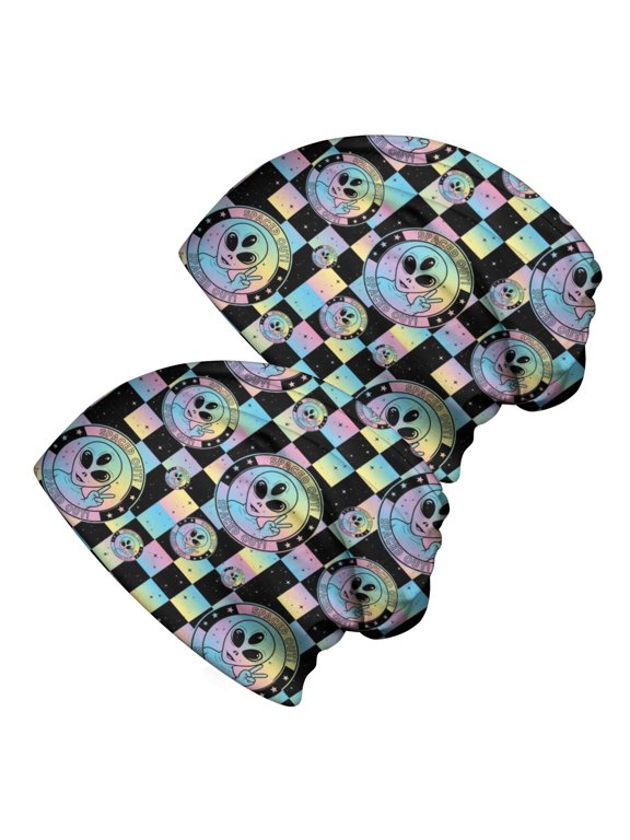 Alien Peace Sign Iridescent Pattern 2 Pack Slouchy Beanie Hat, Outdoor Running Hat with Stretchy Fabric & Soft Texture, Lightweight Flexible Gifts for Daily Home Outdoor