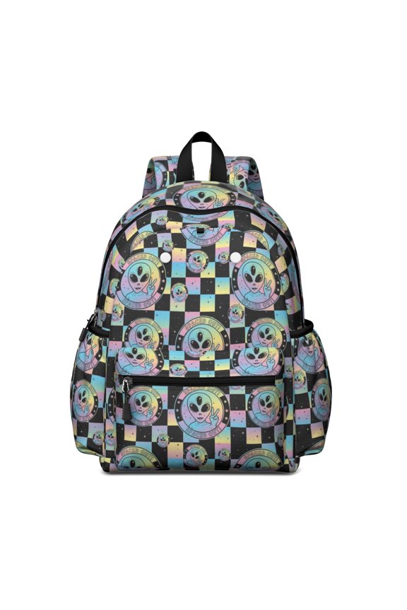 Alien Peace Sign Iridescent Pattern Backpack for School, Cute School Bag with Adjustable Shoulder Straps and Padded Back, 13.4"x11"x4.7"