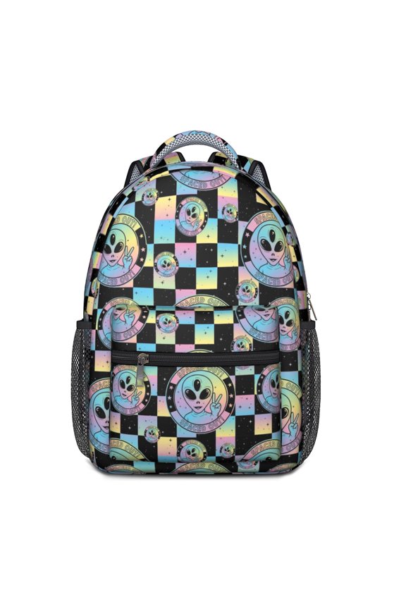 Alien Peace Sign Iridescent Pattern Backpack for School, Cute School Bag with Adjustable Shoulder Straps and Padded Back, 15.3"x11"x6.7"