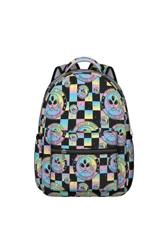 Alien Peace Sign Iridescent Pattern Backpack for School, Cute School Bag with Adjustable Shoulder Straps and Padded Back, 15.3"x11"x7.1"