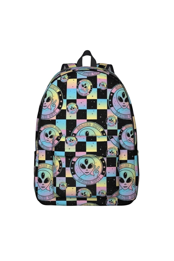 Alien Peace Sign Iridescent Pattern Backpack for School, Cute School Bag with Adjustable Shoulder Straps and Padded Back, 15.7"x11.8"x5.5"