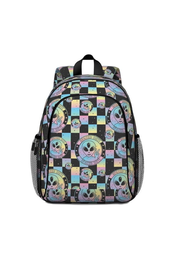 Alien Peace Sign Iridescent Pattern Backpack for School, Cute School Bag with Adjustable Shoulder Straps and Padded Back, 15"x11.42"x5.5"