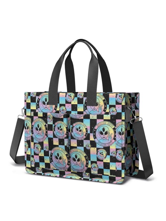 Alien Peace Sign Iridescent Pattern Canvas Messenger Tote Bag, Teacher Tote with Multi Pockets & Removable Strap, Durable Canvas Gifts for Women Men Teacher Nurse