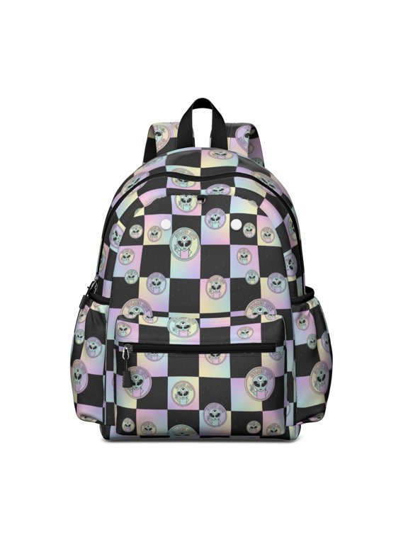Alien Peace Sign Iridescent Pattern Cute School Backpack with Padded Back and Adjustable Shoulder Straps 13.4"x11"x4.7"