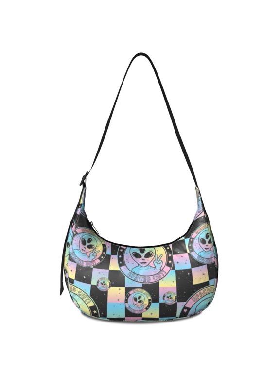 Alien Peace Sign Iridescent Pattern Hobo Shoulder Bag, Shopping Crescent Purse with Adjustable Strap, Sturdy Stitching Gift Ideas for Holiday Birthday Gifts