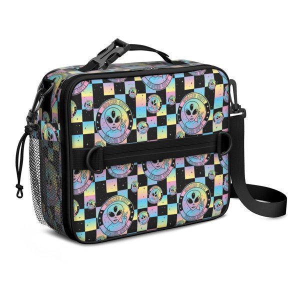 Alien Peace Sign Iridescent Pattern Insulated Lunch Bag with Shoulder Strap and Bottle Holder,Bento School Lunch Bag Box,11x9.5x3.5 Inches