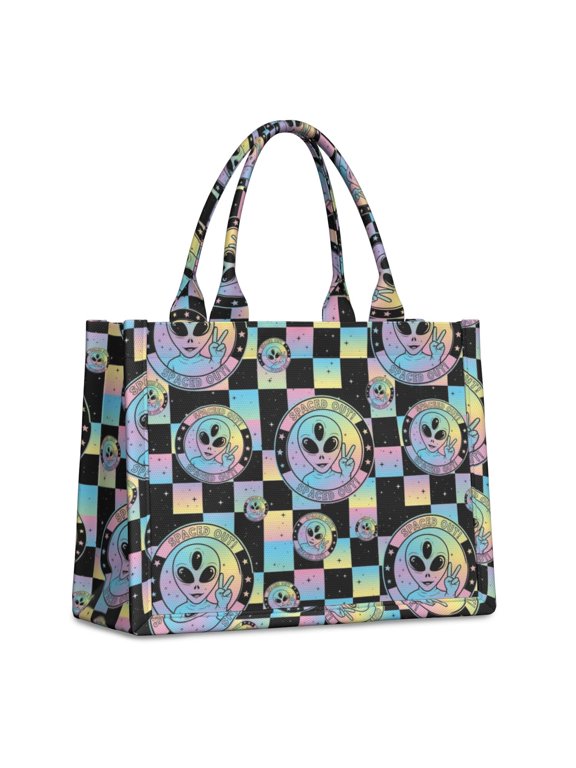 Alien Peace Sign Iridescent Pattern Tote Bag, Work Tote with Interior Pockets & Top Handle, Dacron Fabric Gifts for Work Shopping Travel,15.7 X 5.1 X 13 Inches