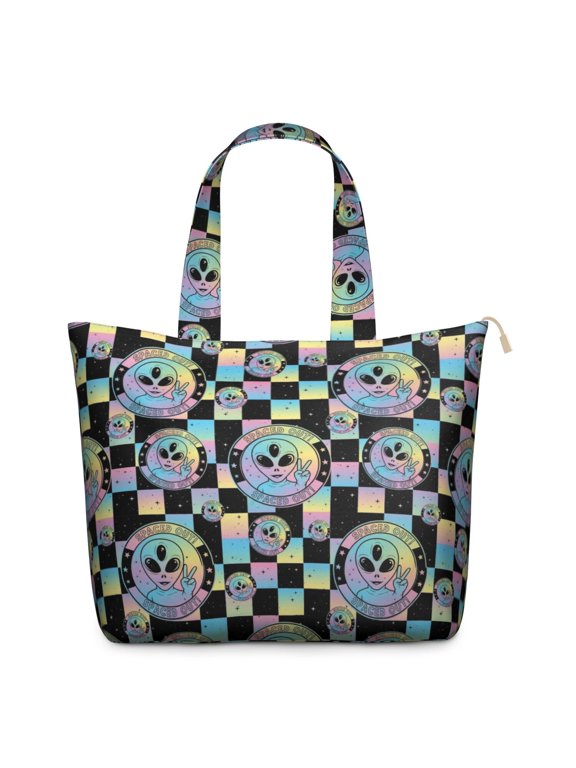 Alien Peace Sign Iridescent Pattern Weekend Tote Bag, Outdoor Travel Carryall with Inner Zip Pocket, Full Length Zipper Gift Ideas for Outdoor Weekend Trips,22 X 12 X 18 Inches