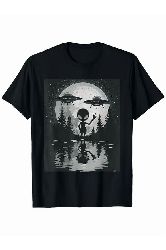 Alien Peace Sign UFO Mystery Encounter Space Scene Unisex T-Shirt, for men & women, up to size 5XL