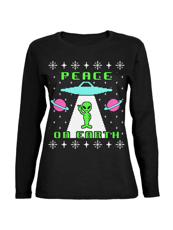Alien Peace on Earth Ugly Christmas Sweater Ladies' Relaxed Jersey Long-Sleeve Tee Black LG