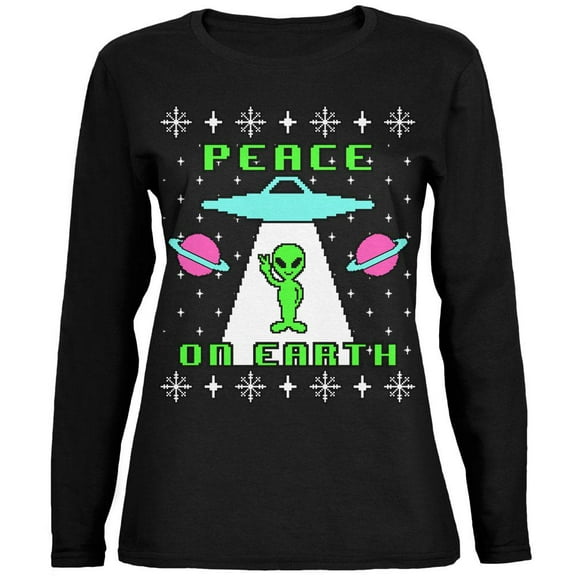 Alien Peace on Earth Ugly Christmas Sweater Ladies' Relaxed Jersey Long-Sleeve Tee Black MD