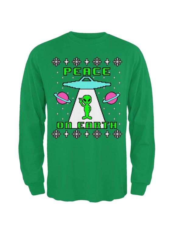 Alien Peace on Earth Ugly Christmas Sweater Mens Long Sleeve T Shirt Irish Green LG