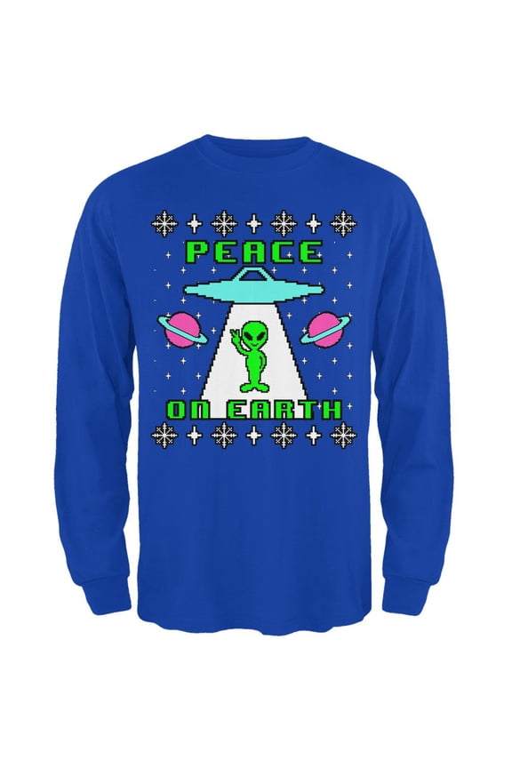 Alien Peace on Earth Ugly Christmas Sweater Mens Long Sleeve T Shirt Royal LG