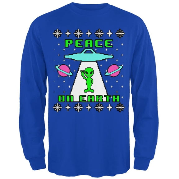 Alien Peace on Earth Ugly Christmas Sweater Mens Long Sleeve T Shirt Royal X-LG