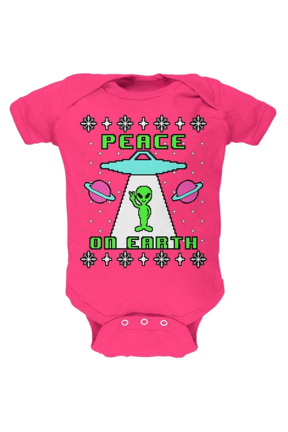 Alien Peace on Earth Ugly Christmas Sweater Soft Baby One Piece Hot Pink 9-12 M