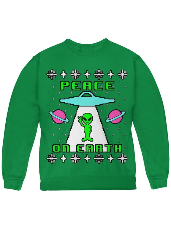 Alien Peace on Earth Ugly Christmas Sweater Youth Sweatshirt Green YLG