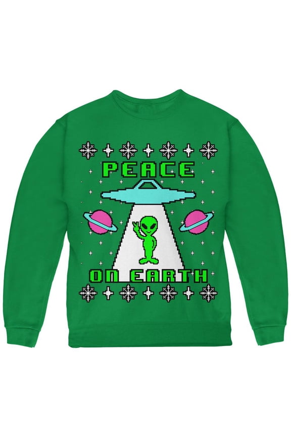 Alien Peace on Earth Ugly Christmas Sweater Youth Sweatshirt Green YLG