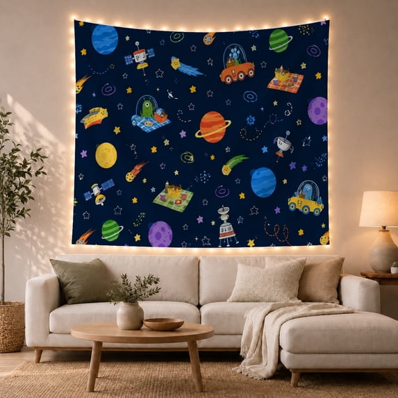 Alien Picnic on Colorful Planets, Whimsical Illustration for Kids, Outer Space Wall Decor, Birthday Gift Tapestry Wall Hanging for Bedroom and Nursery