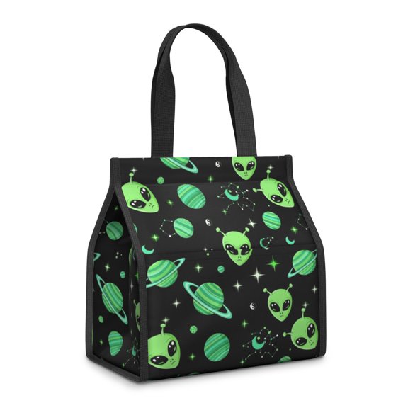 Alien Planet Black Pattern Insulated Lunch Bag for Women/Men,Minimalist Lunch Bag,Canvas with Velcro Closure,Built-in Pocket,11x10x6 Inches,8.66L