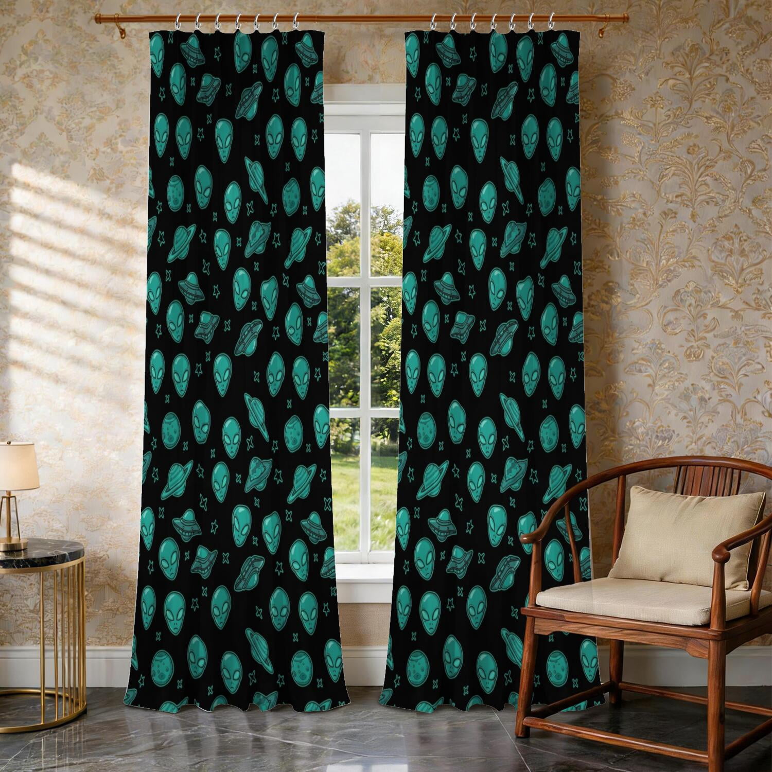 Alien and Planet Black Pattern Pinch Pleated Blackout Curtains, Pinch ...