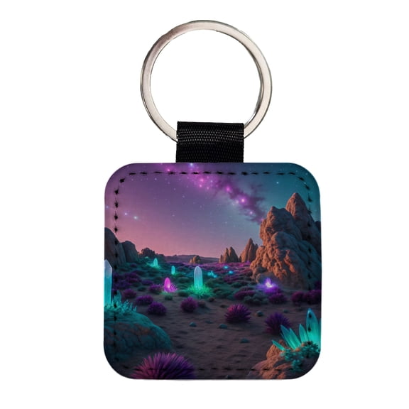 Alien Planet Surface Colorful Faux Leather Square Keychain