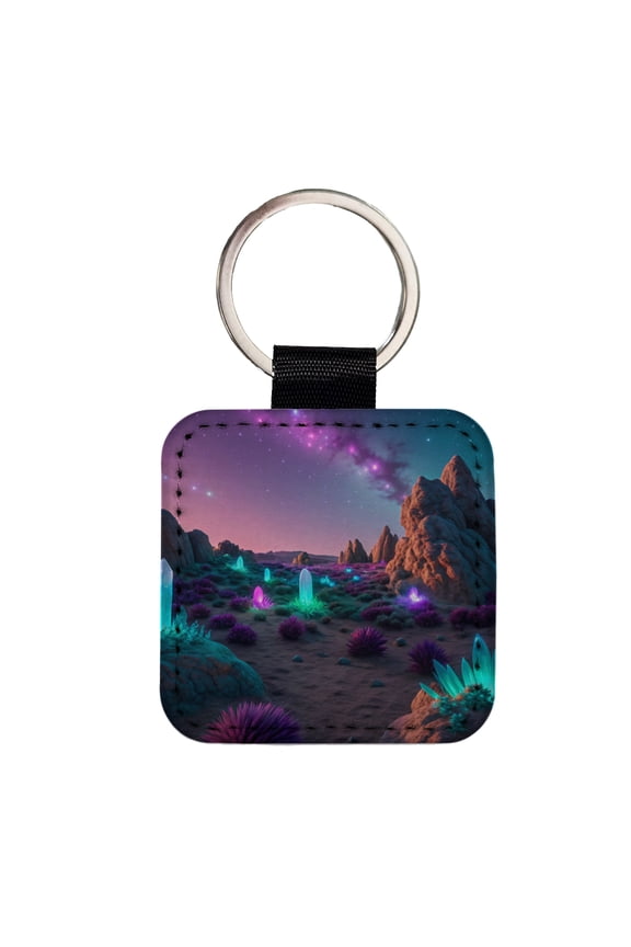 Alien Planet Surface Colorful Faux Leather Square Keychain