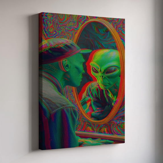 Alien Reflection Art Featuring Man Looking In Mirror Surreal Glitch And ...