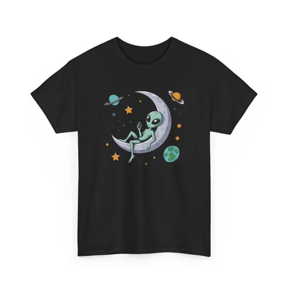 Alien Relaxing on Moon Unisex T-Shirt - Space Lover Gift, S-5XL
