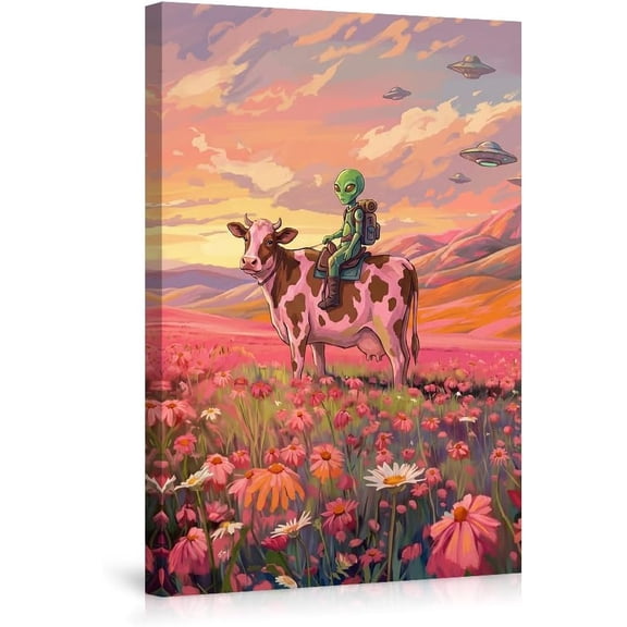Alien Riding Cow in Pink Flower Field UFO Sky Canvas Prints Wall Art Decor for Bedroom Living Room