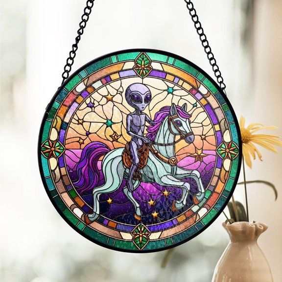 Alien Riding Unicorn Stained Glass Suncatcher, Whimsical Alien Riding Unicorn, Fantasy Space Theme, Funny Gift, Sci-Fi Lover Gift