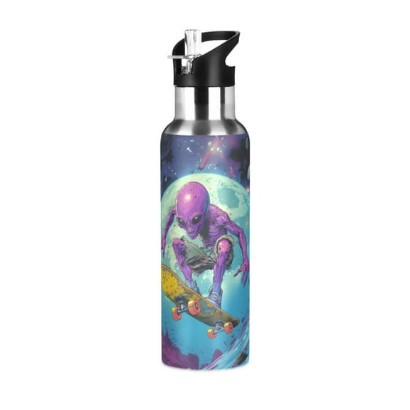 Alien Riding on Skateboard Sports Bottle with Straw Stainless Steel Water Jug Portable Thermal Cup Leak-proof 600ML