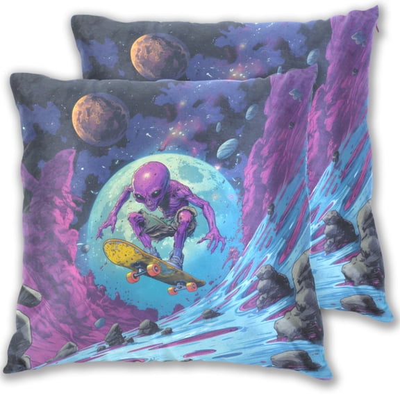 Alien Riding on Skateboard Throw Pillow Covers Pillowcases 16 x 16 Inch Home Decor 2 Packs for Bedroom Sofa
