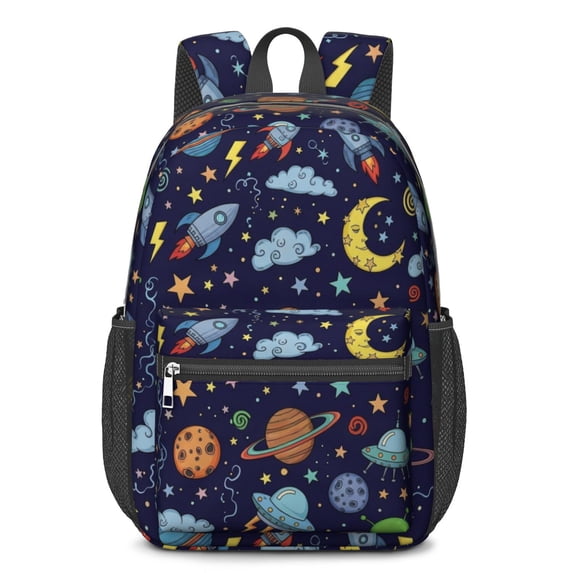 Alien Rocket Deep Blue Pattern 17" School Backpacks for Teens,Waterproof Oxford Fabric,S-Shape Padded Straps for School,Travel,Hiking,Camping