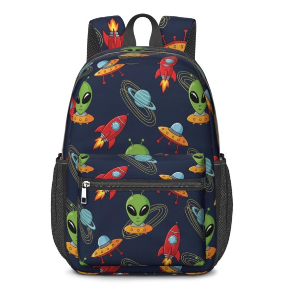 Alien Rocket Deep Blue Pattern 17" Waterproof Oxford School Backpacks for Teens, S-Shape Padded Straps, for School, Travel, Hiking, Camping