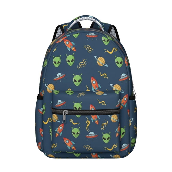 Alien Rocket Deep Blue Pattern Backpack for School, Cute School Bag with Adjustable Shoulder Straps and Padded Back, 15.3"x11"x7.1"