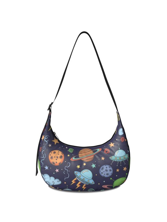 Alien Rocket Deep Blue Pattern Hobo Shoulder Bag, Shopping Crescent Purse with Adjustable Strap, Sturdy Stitching Gift Ideas for Women Girls