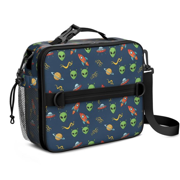 Alien Rocket Deep Blue Pattern Insulated Lunch Bag with Shoulder Strap and Bottle Holder,Bento School Lunch Bag Box,11x9.5x3.5 Inches