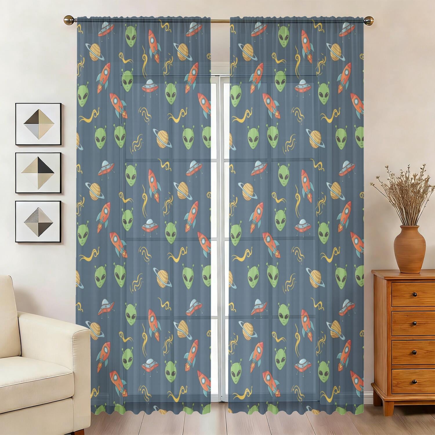 Rocket Patterns Alien Rocket Deep Blue Pattern Sheer Curtains, Rod Pocket Sheer Drapes ...