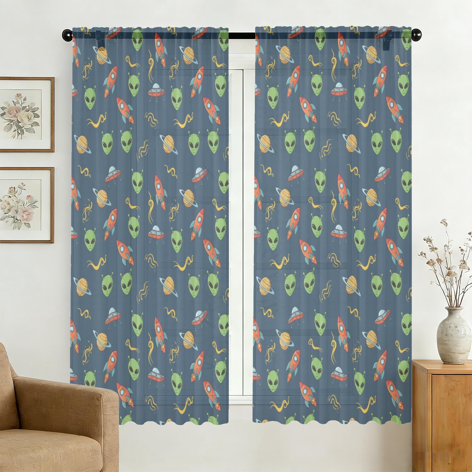 Rocket Patterns Alien Rocket Deep Blue Pattern Sheer Curtains, Voile Drapes with Dual ...