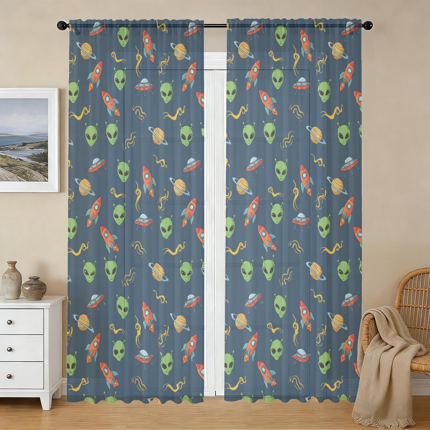 Rocket Patterns Alien Rocket Deep Blue Pattern Sheer Curtains, Voile Drapes with Dual ...