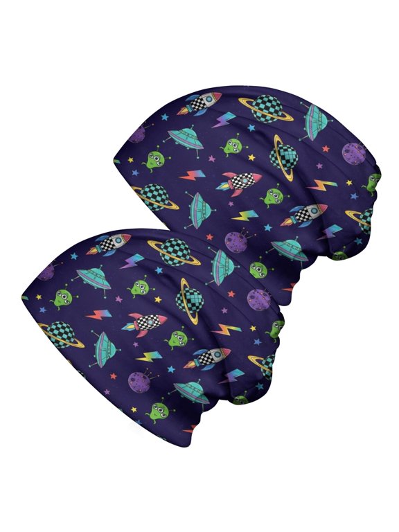 Alien Rocket Deep Purple Pattern 2 Pack Slouchy Beanie Hat, Sleep Head Cover with Stretchy Fabric & Soft Texture, Warm Thermal Gifts for Unisex Men Women