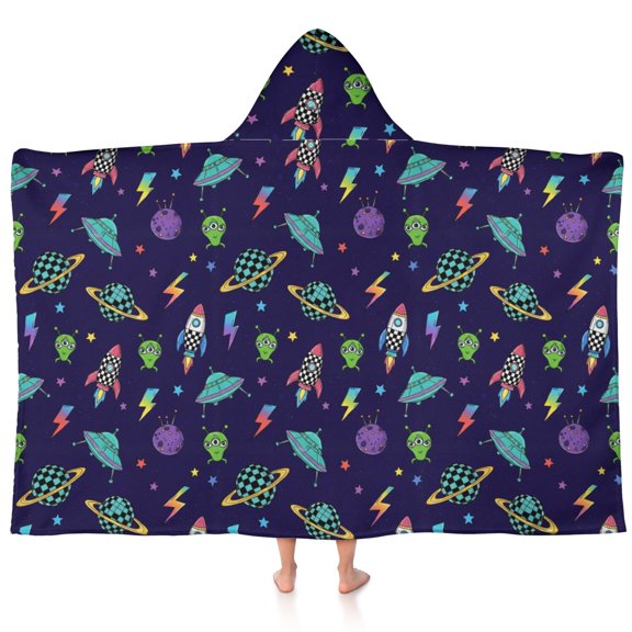 Alien Rocket Deep Purple Pattern Teens Hooded Bath Towel Wrap for Ages 3 To 12,Quick Dry Lightweight Soft Microfiber Bath Beach Pool,60"x35"