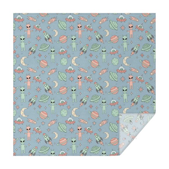 Alien and Rocket Pale Blue Pattern Square Tablecloth, Waterproof Wipeable Spillproof Washable Table Cover for Home Kitchen Party and Daily Decor 42"x42"
