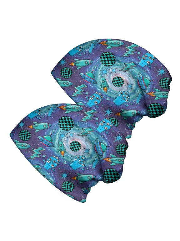 Alien and Rocket Purple Pattern 2 Pack Slouchy Beanie Hat, Casual Daily Beanie with Stretchy Fabric & Soft Texture, Lightweight Flexible Gifts for Daily Home Outdoor